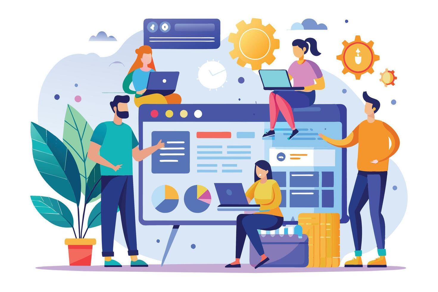 illustration-of-a-website-design-team-collaborating-on-a-project-giving-feedback-and-input-on-design-and-functionality-free-vector